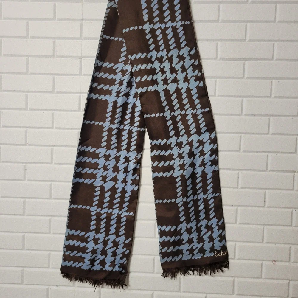 Vintage 1970s Echo Silk Scarf Abstract Houndstooth Plaid Long Mod Quiet Luxury